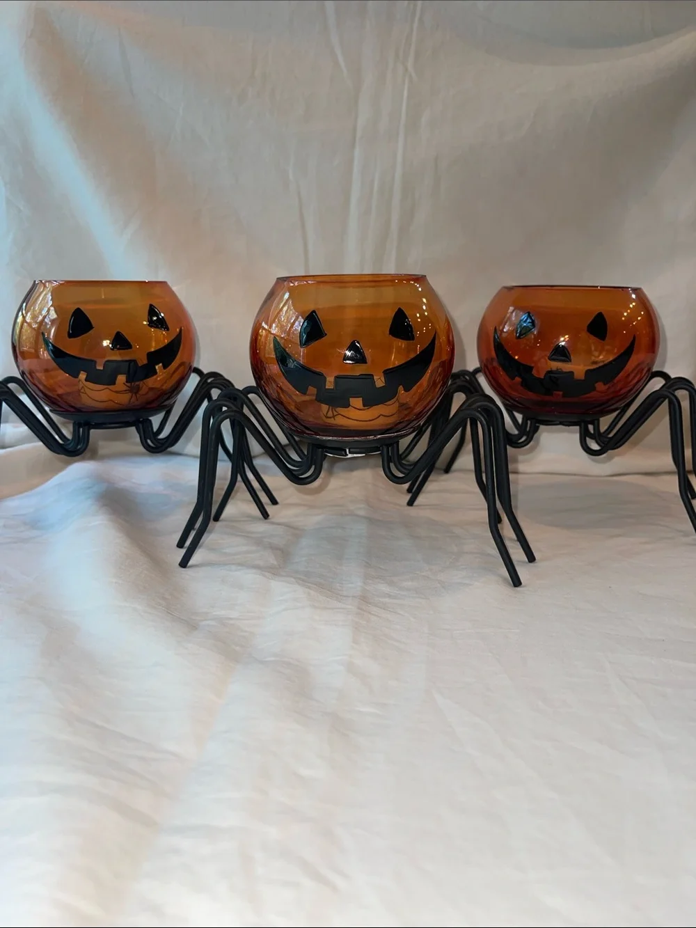 Set of 3 Glass Pumpkin Spider tea light holders